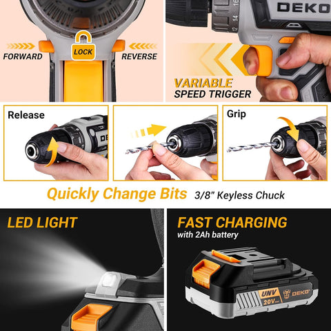 Cordless Drill Tool Kit Set: DEKO 20V Power Drill Tool Box with Battery Electric Drill Driver for Men Home Hand Repair Basic Toolbox Tools Sets Drills Case,186 Pieces