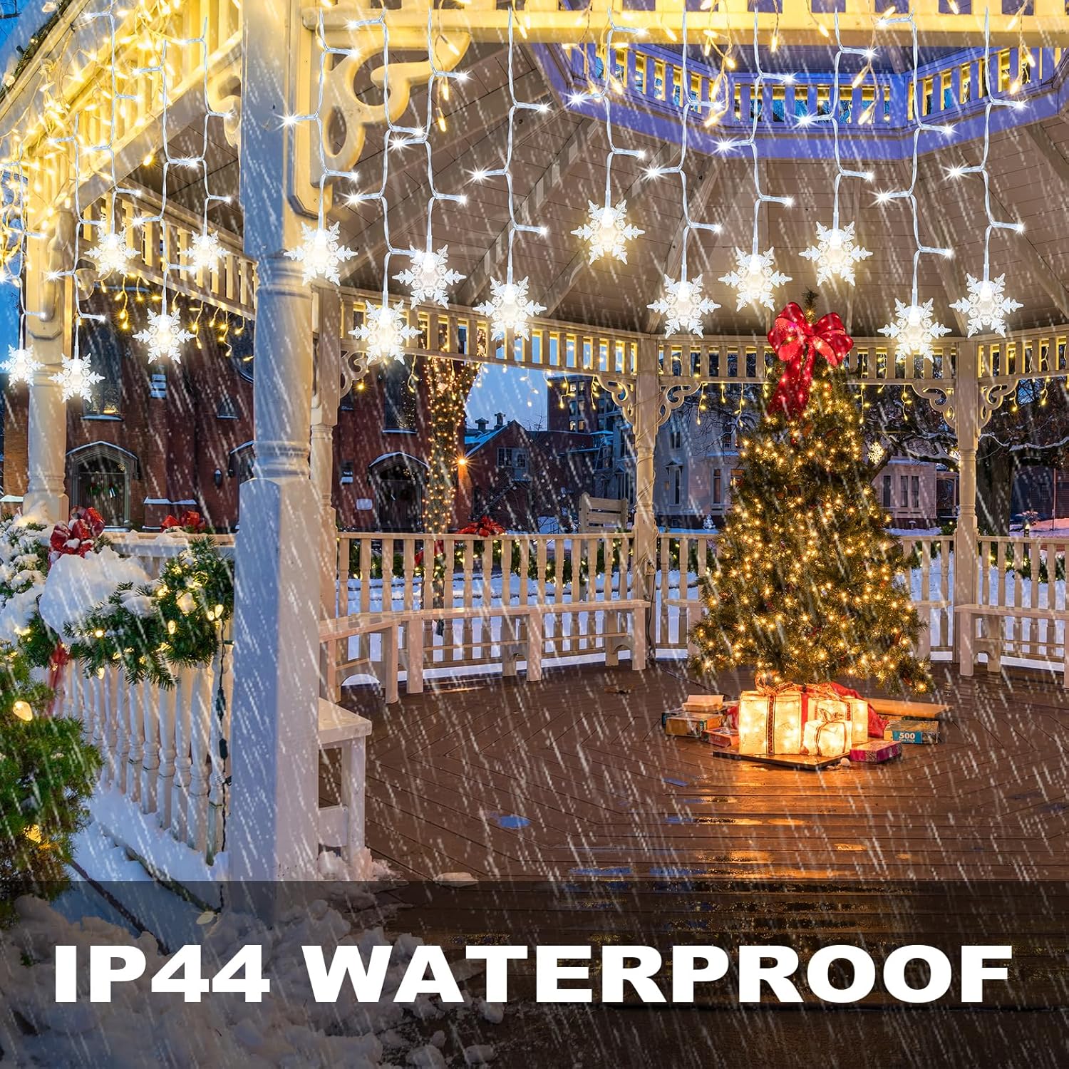 Decorative gazebo with Christmas tree and lights, featuring 'IP44 Waterproof' text.