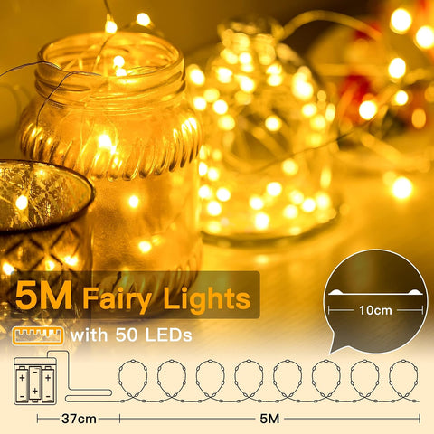 Ollny 5m 50 LED Warm White Fairy Lights Battery Operated – Flexible Copper Wire Christmas & Festive Lights for Indoor and Outdoor Decoration
