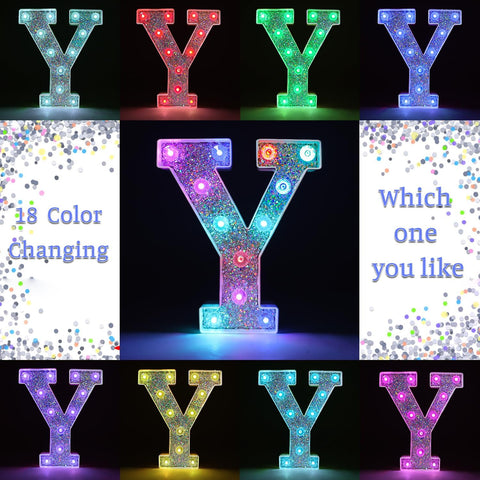 Y Style Color Changing LED Letter Light, Glitter Marquee Lamp with 18 Colors, Remote Controlled, Battery Powered Decorative Letter Light for Party, Wedding, Birthday and Home Decor