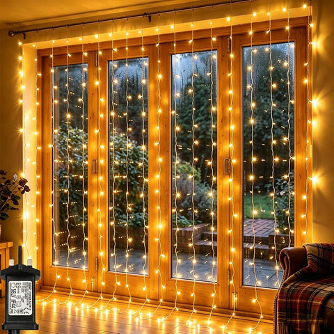 300 LED Curtain Fairy Lights 3m x 3m – Plug-In Warm White Christmas Curtain Lights with 8 Modes, Timer & Memory, IP65 – Turn Blank Windows into a Cosy Glow