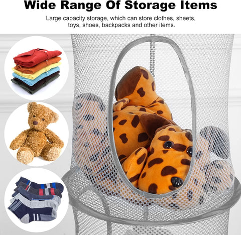 Hanging Mesh Storage Net, 4 Tier Compartments Foldable Hanging Soft Toy Storage Basket Mesh Storage Bag, Space Saving Organizer for Toys Clothes Sundries (Gray)