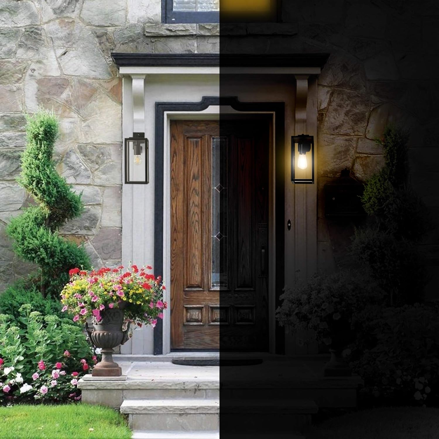 Before and after comparison of a stone house entrance with a wooden door, illuminated by outdoor lights.