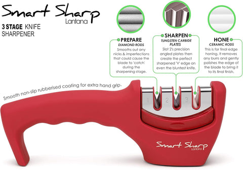 Smart Sharp 3-Stage Knife Sharpener – Professional Manual Kitchen Knife Sharpening Tool with Ceramic Stone, Tungsten Carbide, and Diamond Rods – Ergonomic Non-Slip Design, Red/Chrome Finish