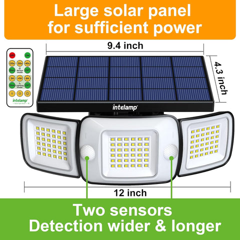 Intelamp solar light fixture with large solar panel and remote control, featuring dimensions and sensor information.