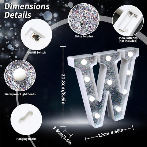 Letter W Style LED Marquee Lamp, Silver Glitter Light Up Letter Sign, Battery Powered Tabletop Decorative Marquee Light with On/Off Switch for Wedding, Birthday, Party and Home Decor