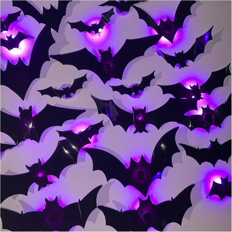 24PCS Halloween LED 3D Bat Wall Decorations – Glowing Purple Light-Up Bats with Removable Adhesives for Indoor Halloween Parties, Home, Bar & Party Décor