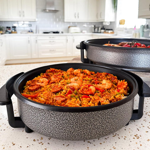 30cm Multi-Function Electric Cooker Pan with Lid – Non-Stick Aluminium, Adjustable Thermostat & Detachable Cable