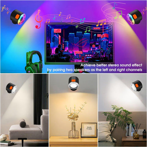 LED Wall Mounted Lights, 3000mAh Rechargeable Wall Sconces Lamp with Bluetooth Speaker, Dimmable Magnetic 360° Rotation Cordless Wall Light for Bedroom Bedside, White Light RGB Music Sync Modes