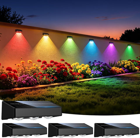 sununiny Solar Fence Lights Outdoor,3 Lens Solar Lights Outdoor Garden IP65 Waterproof 9 Colors 11 Lighting Modes,Outside Wall Light for Garage,Backyard/Railing/Patio/Pool,4 Pack [Energy Class A+++]