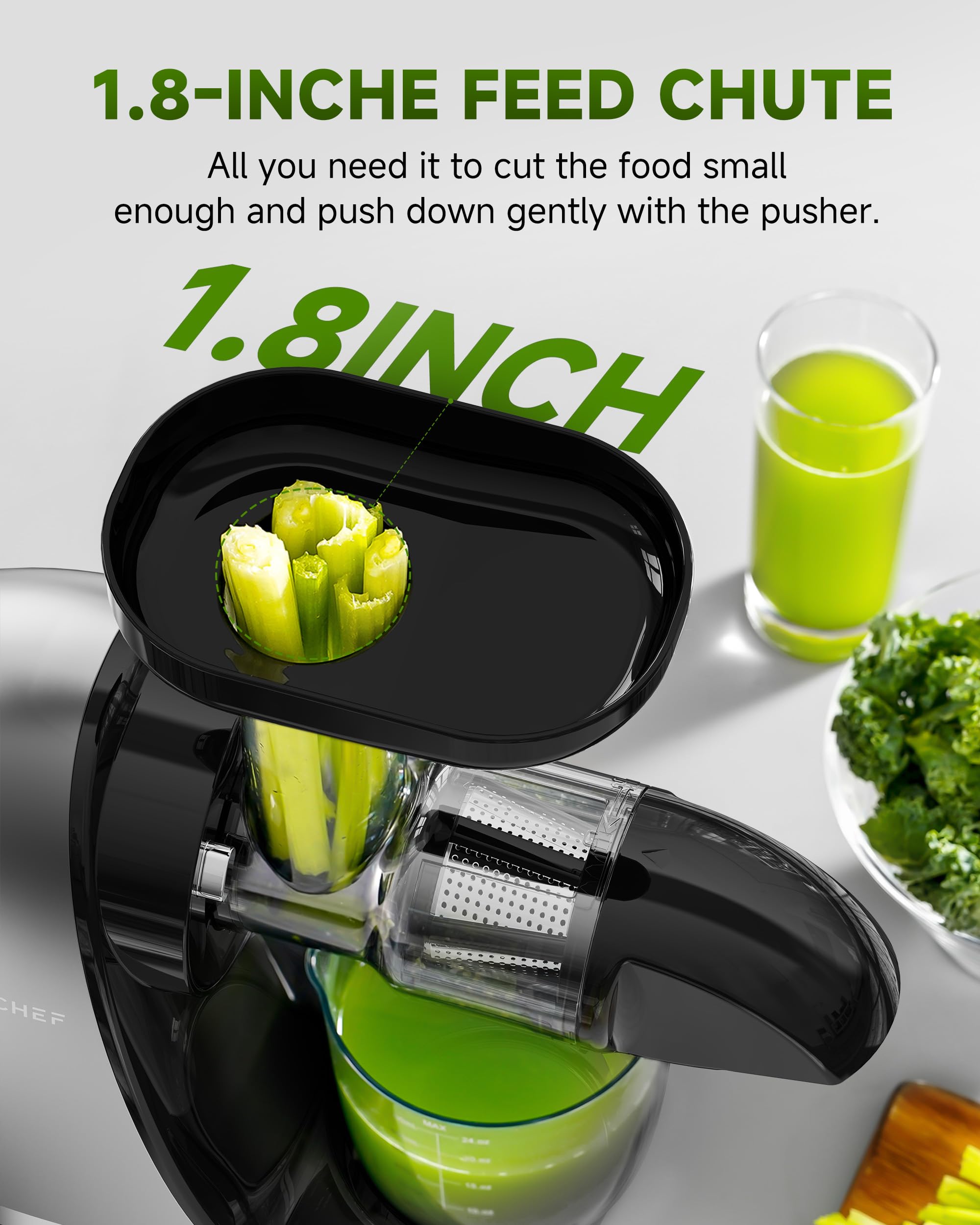 AMZCHEF Juicer Machines - Cold Press Slow Juicer - Masticating Juicer for Whole Fruits and Vegetables - Delicate Chew No Need to Filter - BPA Free Juice Extractor with 2 Cups and Brush - Black