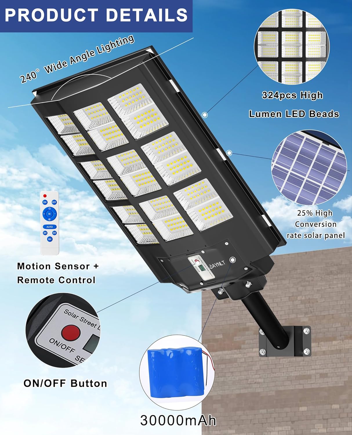 Solar street light with features highlighted on a blue sky background