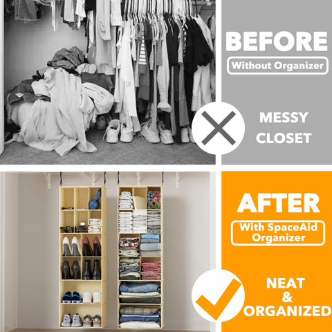 SpaceAid 2-Pack Hanging Closet Organiser, 24 Compartments with Dividers, Black Non-Woven Fabric Storage Shelves for Shoes, Clothes, Wardrobes and RVs