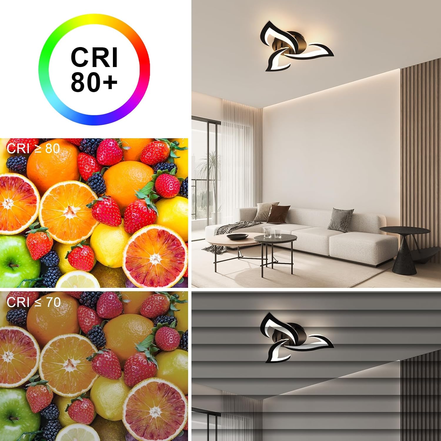 Collage of a modern living room with a light fixture, colorful fruits, and a color temperature chart.