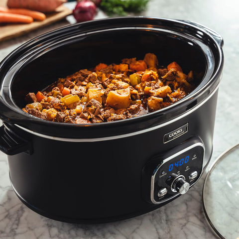 Cooks Professional 6.5L Digital Slow Cooker with Glass Lid, Cool Touch Handles, 2 Heat Settings, Keep Warm & Delay Timer – Black