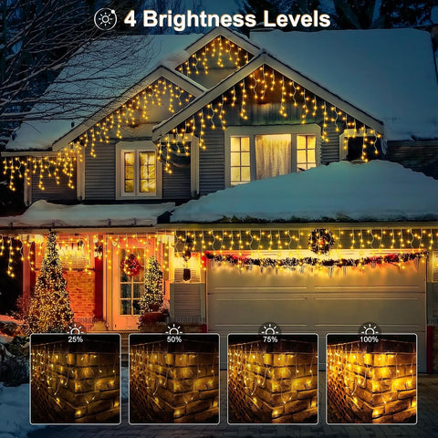 DBFAIRY 6M 300 LED Warm White Christmas Icicle Lights with Remote, Timer & 8 Lighting Modes – Bring a Cosy Winter Glow to Your Windows and Eaves