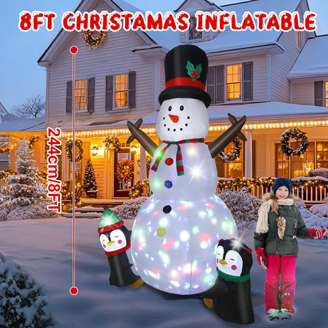8FT Christmas Inflatable Snowman with Penguins & Rotating LED Lights – Snowman-2