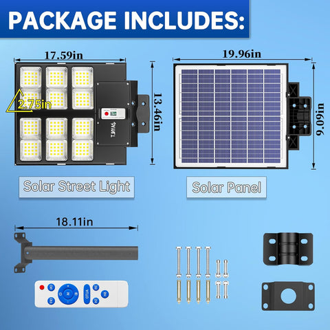 2000W Solar Street Light Outdoor, 60000LM 6500K LED Parking Lot Light, Dusk to Dawn, Motion Sensor, IP67 Waterproof Security Floodlight
