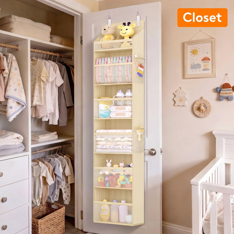Lifewit 4-Tier Over Door Diaper Organiser, Beige – Space-Saving Hanging Nursery Storage with Mesh Windows