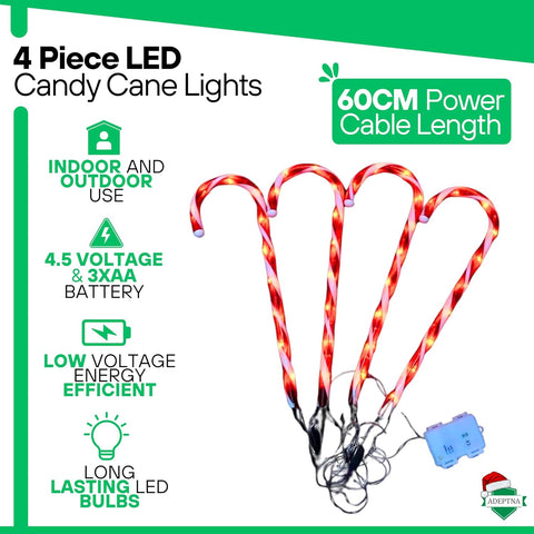 ADEPTNA 4 Piece 40 LED Christmas WARM WHITE CANDY CANE LED LIGHTS with Timer Function Battery Powered Xmas Outdoor Patio Pathway Drive Way Decoration