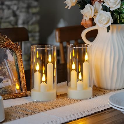 3 in 1 Flameless Taper Short Candles with 10 Key Remote Control and Timer, Battery Operated Pack of 2 LED Acrylic 7.5cm x15cm Ivory Pillar Flickering Warm Light