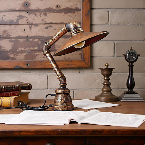 Vintage Steampunk Pipe Table Lamp – Brushed Copper E27 Industrial Desk Light with Metal Lampshade & Inline Switch
