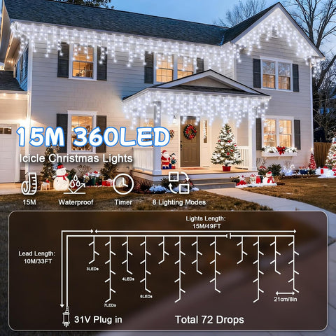 cshare Icicle Lights Outdoor, 15M 360 LED Cool White Christmas Icicle Lights with Timer, 8 Modes, Memory & IP44 Waterproof – Make Your Home Glow Like Christmas Has Finally Arrived