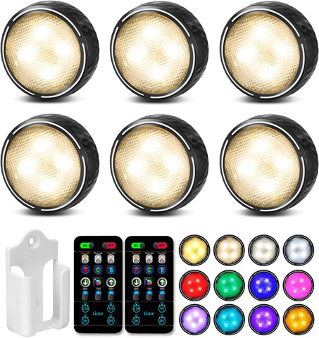 Onumii Battery Operated LED Under Cabinet Lights 6 Pack – RGB Puck Lights with Remote, Dimmable & Timer for Kitchen Cupboards, Wardrobes & Dark Corners - Light Up the Spaces You Usually Overlook