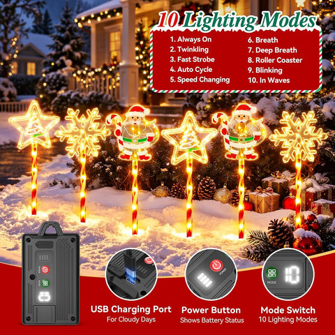 GEARLITE Solar Christmas Lights 6Pack Santa Snowflake Star Candy Cane Light