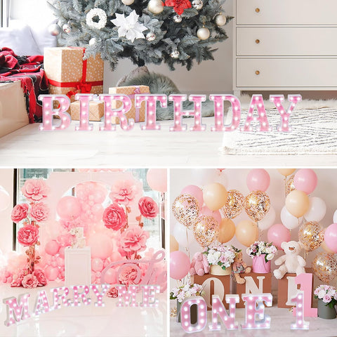 Pink Glitter Marquee Light Up Letters, Battery Operated LED Letter Lights Signs for Pink Birthday Party Table Decorations, Wall Decor for Girls Bedroom, Initial Letter M with Cool White Lights