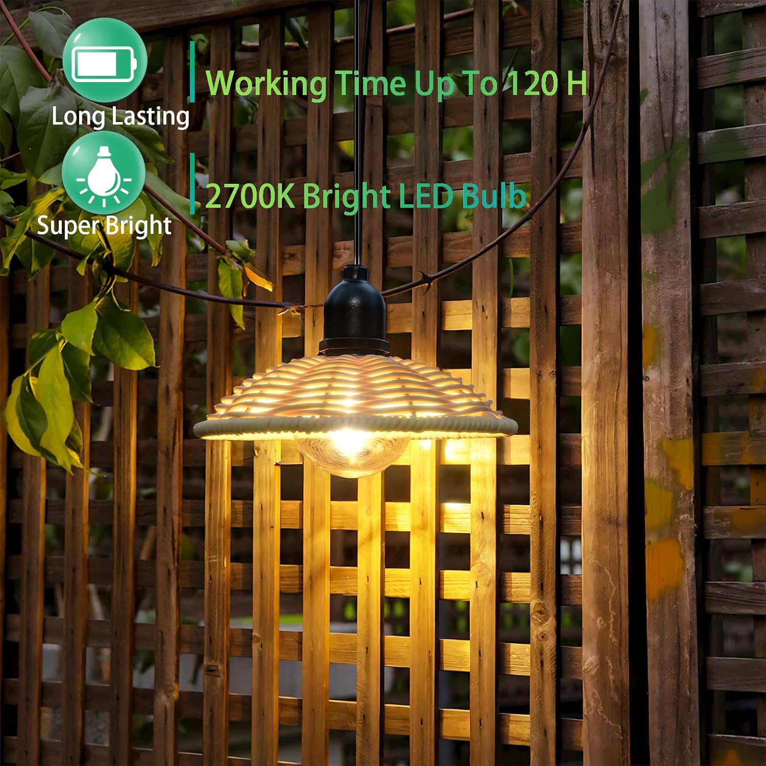 Outdoor string light with LED bulb hanging against a wooden fence