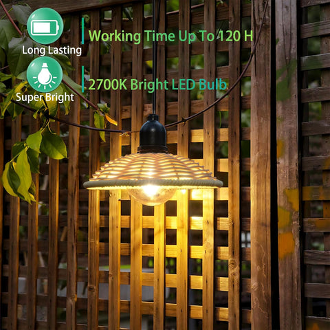 Outdoor string light with LED bulb hanging against a wooden fence