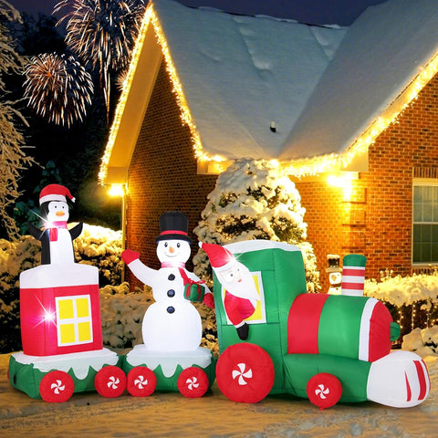COSTWAY Inflatable Christmas Santa Claus on Red & Green Train – Built-in LED Lights, Self-Inflating Blow Up Xmas Decoration for Indoor Outdoor