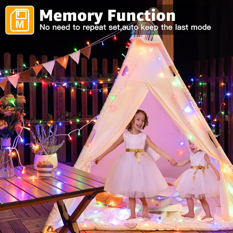 Children playing in a teepee with string lights and a 'Memory Function' text overlay.