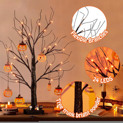 Halloween Tree Lights with Pumpkins, 2FT Black Twig LED Trees Set of 2
