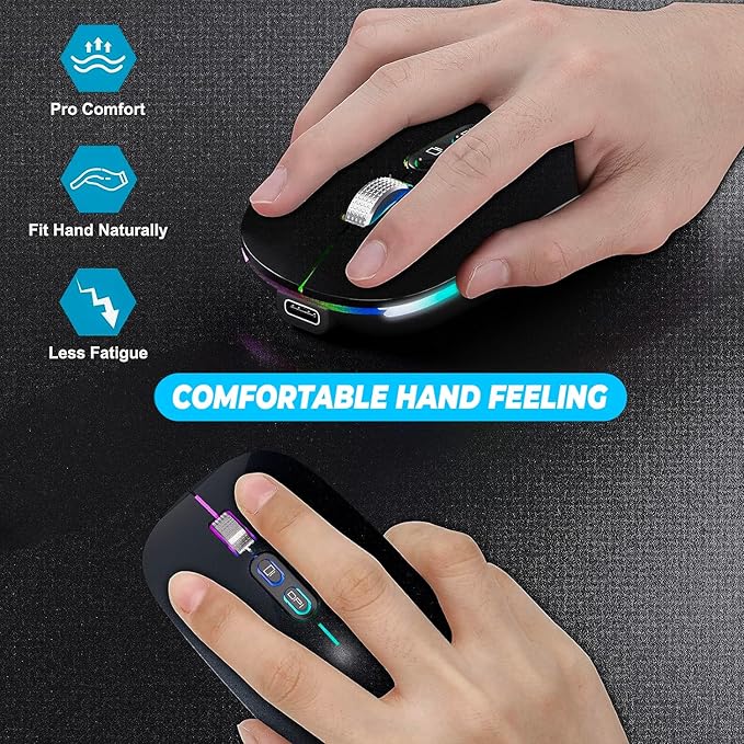 Hand using a computer mouse with text highlighting comfort features on a dark surface