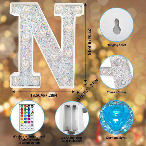 N Style Color Changing LED Letter Light, Glitter Marquee Lamp with 18 Colors, Remote Controlled, Battery Powered Decorative Letter Light for Party, Wedding, Birthday and Home Decor