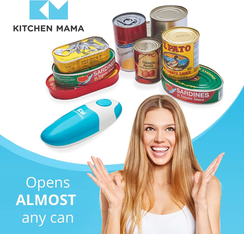 Kitchen Mama Electric Can Opener – Hands-Free Automatic, Smooth Edge, Battery Operated, One-Touch Button, Food-Safe – Sky Blue