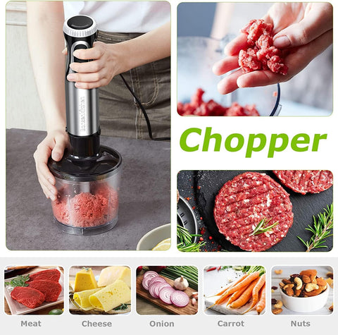 Stainless Steel Hand Blender 1000W – 4-in-1 Stick Blender with 20 Speeds, Whisk, 500ml Chopper & 700ml Measuring Cup (HB3203)