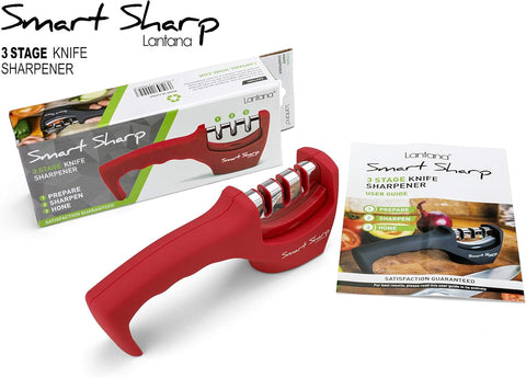 Smart Sharp 3-Stage Knife Sharpener – Professional Manual Kitchen Knife Sharpening Tool with Ceramic Stone, Tungsten Carbide, and Diamond Rods – Ergonomic Non-Slip Design, Red/Chrome Finish