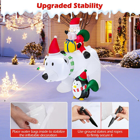 210CM Inflatable Christmas Polar Bear with Santa & Penguin – White