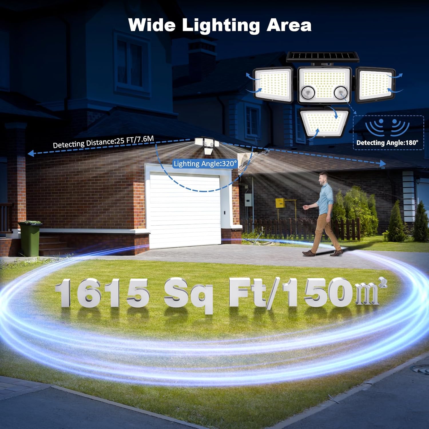 LED flood light with wide lighting area display on a house exterior.