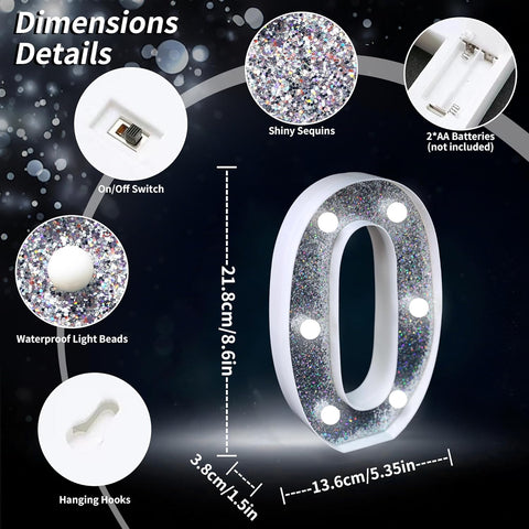 Letter O Style LED Marquee Lamp, Silver Glitter Light Up Letter Sign, Battery Powered Tabletop Decorative Marquee Light with On/Off Switch for Wedding, Birthday, Party and Home Decor