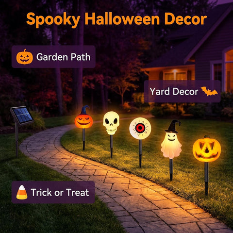 Halloween Solar Pathway Lights 5 Pack, Pumpkin Skull Ghost Stake Lamp