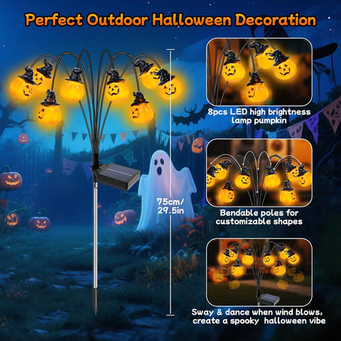 Qoosea Halloween Solar Lights Outdoor 2 Pack Pumpkin Lights, IP65 Waterproof 8 Modes Halloween Garden Ornaments, LED Solar Garden Lamp Festival Decor, Perfect for Pathway Yard Patio Backyard Cemetery
