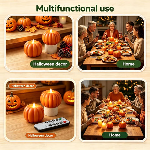 2 Pcs Pumpkin Flameless Candle with Remote, LED Battery Operated Real Wax 3D Flickering Pillar Candle, Autumn Halloween Thanksgiving Home Decoration Fall Gift for Indoor Farmhouse Decor