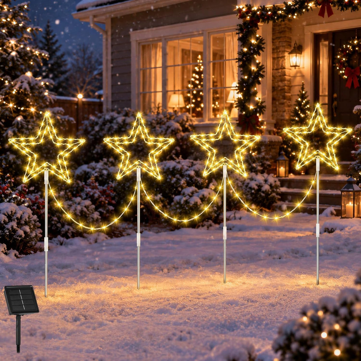 Lewondr 4 Pack Star Christmas Decorations Outdoor with 8 Lighting Modes