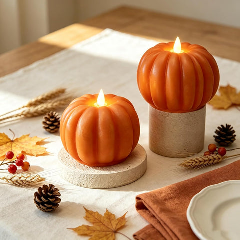 2 Pcs Pumpkin Flameless Candle with Remote, LED Battery Operated Real Wax 3D Flickering Pillar Candle, Autumn Halloween Thanksgiving Home Decoration Fall Gift for Indoor Farmhouse Decor