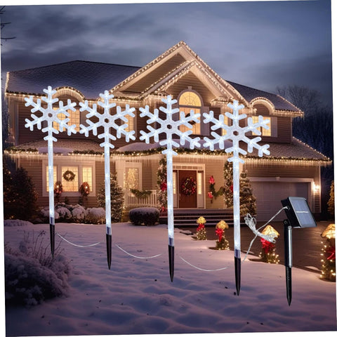 Solar Christmas Lights Outdoor 4Pcs Snowflake LED Christmas Pathway Lights with Stakes Waterproof Long-Lasting Sparkling for Patio Yard Porch Lawn Garden