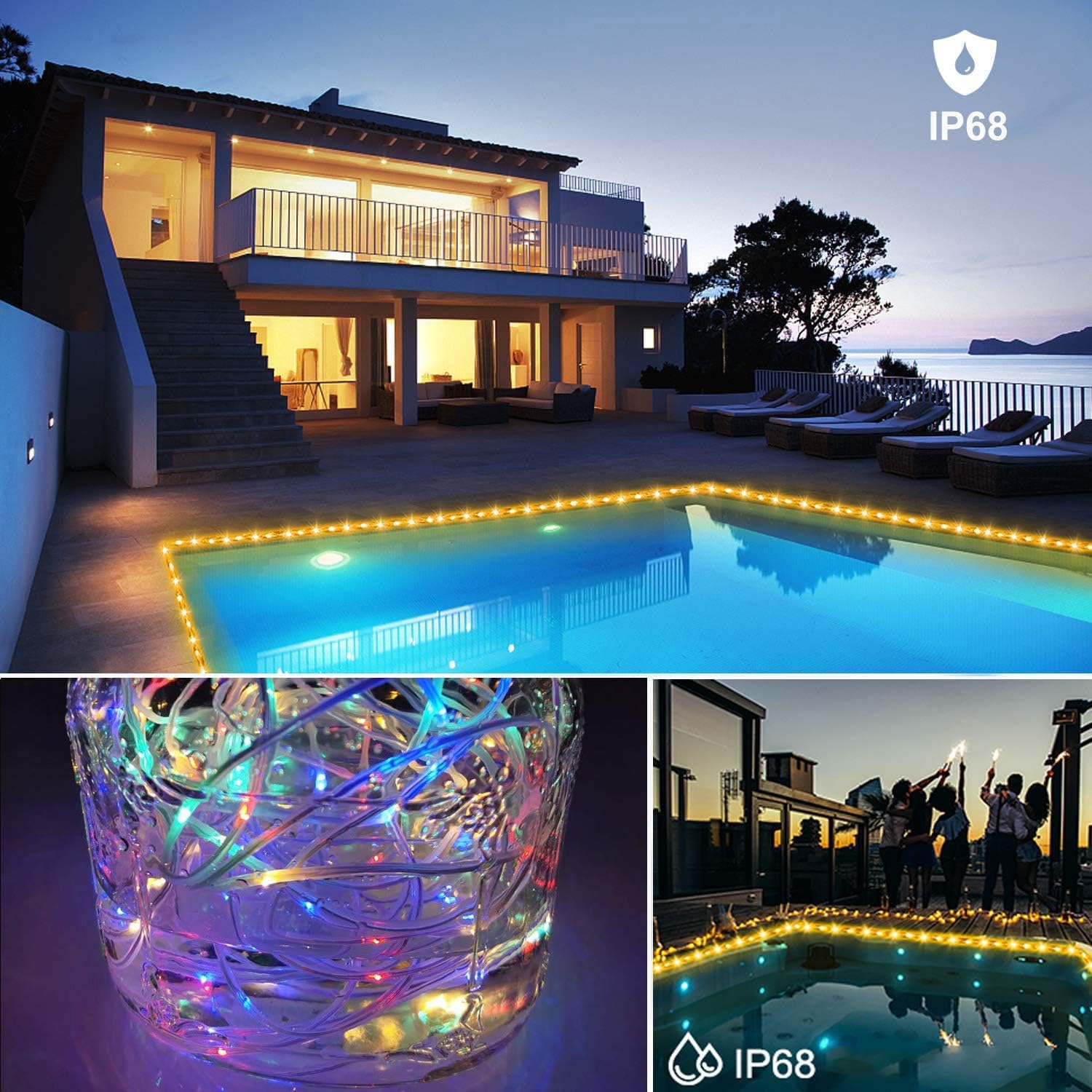 Outdoor pool area with LED string lights, house exterior, and people around the pool.